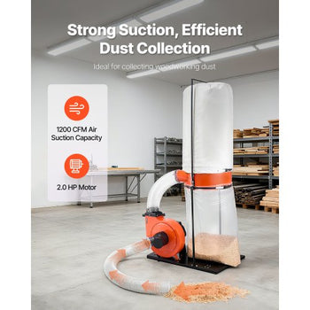Dust Collector, 1200 CFM 2.5 Micron Vortex Cone Dust Collectors, 2.0HP Sawdust Collection System with 35-Gallon Dusts Collector Bag & 42-Gallon Filter Bag, 3400 RPM High Speed, for Wood Chips