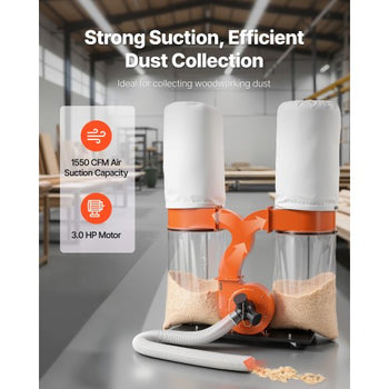 Dust Collector, 1550 CFM 2.5 Micron Vortex Cone Dust Collectors, 3.0HP Sawdust Collection System with Two 35-Gallon Dusts Collector Bags & Two 42-Gallon Filter Bags, 3400 RPM, Non-Woven Fabric