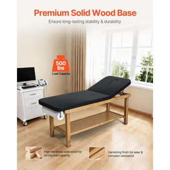 Medical Exam Table, Wooden Framed Medical Examination Bed, Physical Therapy Exam Table with Adjustable Backrest, Storage Shelf & Paper Roll Dispenser for Hospitals Clinics Rehab Centers, 500LBS