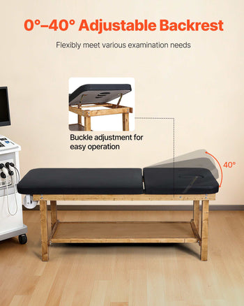 Medical Exam Table, Wooden Framed Medical Examination Bed, Physical Therapy Exam Table with Adjustable Backrest, Storage Shelf & Paper Roll Dispenser for Hospitals Clinics Rehab Centers, 500LBS