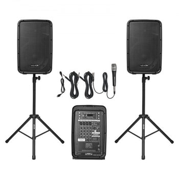Portable PA System, 300W Powered, Sound System Set with 8 Channel Mixer, Dual Speakers, Wireless Bluetooth, Microphone, Compact Stands, USB SD XLR RCA Inputs, Remote Control, for DJs Events