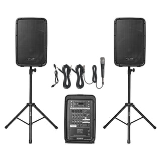 Portable PA System, 300W Powered, Sound System Set with 8 Channel Mixer, Dual Speakers, Wireless Bluetooth, Microphone, Compact Stands, USB SD XLR RCA Inputs, Remote Control, for DJs Events