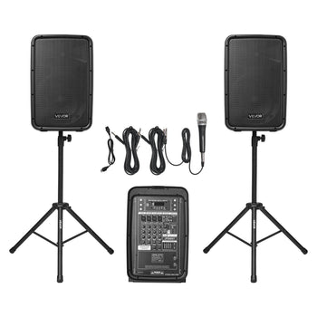 Portable PA System, 300W Powered, Sound System Set with 8 Channel Mixer, Dual Speakers, Wireless Bluetooth, Microphone, Compact Stands, USB SD XLR RCA Inputs, Remote Control, for DJs Events