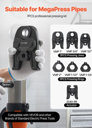 7PCS VMP Pressing Kit 1/2" to 2" - 3PCS Press Jaws, 3PCS Press Rings, 1PCS Actuator - Compatible with Megapress Carbon Steel Pipes, Work with 32KN Standard Press Tools - with Case
