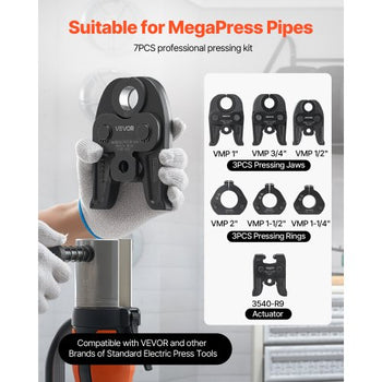 7PCS VMP Pressing Kit 1/2" to 2" - 3PCS Press Jaws, 3PCS Press Rings, 1PCS Actuator - Compatible with Megapress Carbon Steel Pipes, Work with 32KN Standard Press Tools - with Case