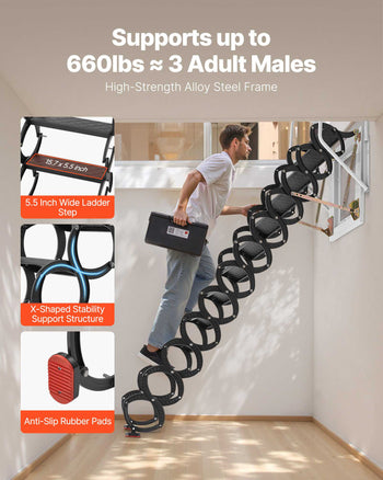 Attic Ladder Wall-Mounted, 660LBS/299.4KG Capacity, Fits 9.5 to 10 ft Ceiling Height, 12-Step Steel Folding Stairs with Handrails, Pull Down Attic Ladders for Attics, Garages, Roofs, Basements