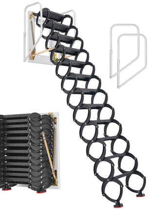 Attic Ladder Wall-Mounted, 660LBS/299.4KG Capacity, Fits 9.5 to 10 ft Ceiling Height, 12-Step Steel Folding Stairs with Handrails, Pull Down Attic Ladders for Attics, Garages, Roofs, Basements