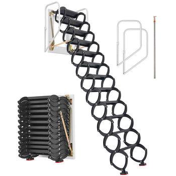 Attic Ladder Wall-Mounted, 660LBS/299.4KG Capacity, Fits 9.5 to 10 ft Ceiling Height, 12-Step Steel Folding Stairs with Handrails, Pull Down Attic Ladders for Attics, Garages, Roofs, Basements