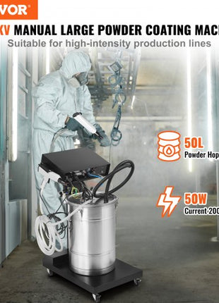 Powder Coating System, 50 W 100KV Electrostatic Output Powder Coating Kit with 50L Powder Hopper, 450g Per Minute Powder Coating Machine with Spray Gun and Trolley Base, for Indoor and Outdoor