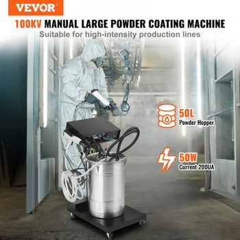 Powder Coating System, 50 W 100KV Electrostatic Output Powder Coating Kit with 50L Powder Hopper, 450g Per Minute Powder Coating Machine with Spray Gun and Trolley Base, for Indoor and Outdoor