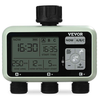 Water Timer, 3 Outlets, Hose Watering Sprinkler Timer, with 3 Independent Watering Zone LCD Display Rain Delay Mode Manual Mode 360° Brass Inlet Metal Filter, IPX6 Waterproof for Yard Watering