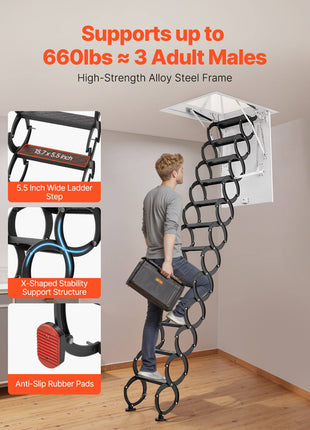 Attic Ladder, 660LBS/299.4KG Capacity, Fits 8.5 to 9.4 ft Ceiling Height and 39.4 x 27.5 inch Opening Size, Alloy Steel Pull-Down Retractable Ceiling Stair with Pulling Rod for Attic Loft Roof