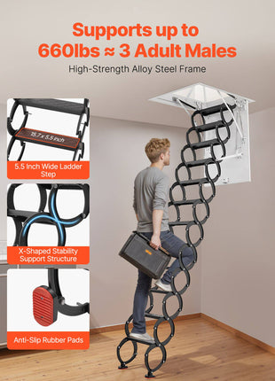 Attic Ladder, 660LBS/299.4KG Capacity, Fits 10.5 to 11 ft Ceiling Height and 39.4 x 27.5 inch Opening Size, Alloy Steel Pull-Down Retractable Ceiling Stair with Pulling Rod for Attic Loft Roof