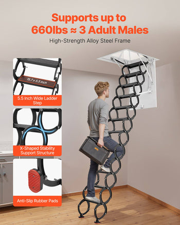 Attic Ladder, 660LBS/299.4KG Capacity, Fits 10.5 to 11 ft Ceiling Height and 39.4 x 27.5 inch Opening Size, Alloy Steel Pull-Down Retractable Ceiling Stair with Pulling Rod for Attic Loft Roof