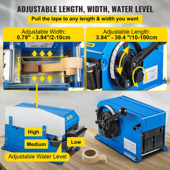 Water-Activated Tape Dispenser, Maximum 39.4\" x 3.94\" Tape, Adjustable Length, Width & Water Level, Manual Tape Dispenser with Water Brush, Carton Packaging for Express Box, Gift Box