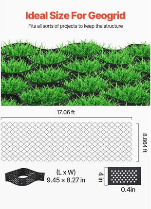 Gravel Grid, 4 Inch Depth, 17.06 x 8.86 FT / 5200 x 2700 mm, 1880 LBS Per Sq ft Grass Ground Retainer, Permeable Geo Grids Driveway Stabilization, for Garden, Patio, Walkway, RV Parking Slopes