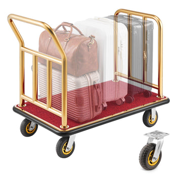 Hotel Luggage Cart, 750 lbs Heavy Duty Bellman Cart with Stainless Steel Frame, 6 in Rubber Wheels, Red Carpeted Deck, Commercial Luggage Carrier Rolling Trolley for Hotels, Resorts, Gold