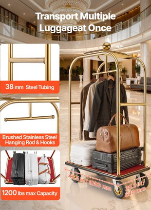 Hotel Luggage Cart, 1200 lbs Heavy Duty Bellman Cart with Stainless Steel Frame, 8 in Rubber Wheels, Red Carpeted Deck, Commercial Luggage Carrier Rolling Trolley for Hotels, Resorts, Gold