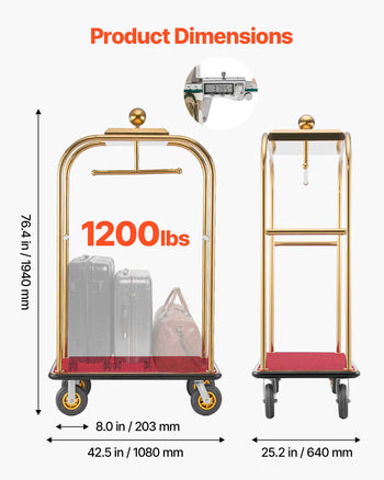 Hotel Luggage Cart, 1200 lbs Heavy Duty Bellman Cart with Stainless Steel Frame, 8 in Rubber Wheels, Red Carpeted Deck, Commercial Luggage Carrier Rolling Trolley for Hotels, Resorts, Gold