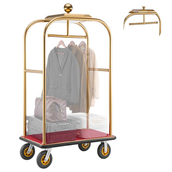 Hotel Luggage Cart, 1200 lbs Heavy Duty Bellman Cart with Stainless Steel Frame, 8 in Rubber Wheels, Red Carpeted Deck, Commercial Luggage Carrier Rolling Trolley for Hotels, Resorts, Gold