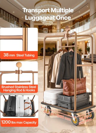 Hotel Luggage Cart, 1200 lbs Heavy Duty Bellman Cart with Stainless Steel Frame, 8 in Rubber Wheels, Black Carpeted Deck, Commercial Luggage Carrier Rolling Trolley for Hotels,Resorts, Rose Gold