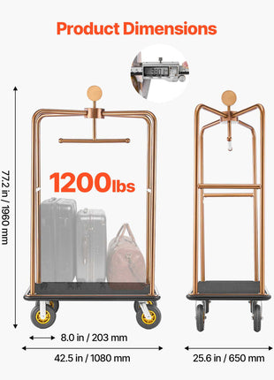 Hotel Luggage Cart, 1200 lbs Heavy Duty Bellman Cart with Stainless Steel Frame, 8 in Rubber Wheels, Black Carpeted Deck, Commercial Luggage Carrier Rolling Trolley for Hotels,Resorts, Rose Gold