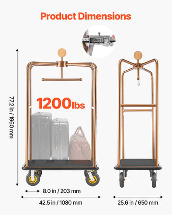 Hotel Luggage Cart, 1200 lbs Heavy Duty Bellman Cart with Stainless Steel Frame, 8 in Rubber Wheels, Black Carpeted Deck, Commercial Luggage Carrier Rolling Trolley for Hotels,Resorts, Rose Gold