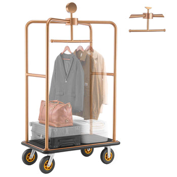 Hotel Luggage Cart, 1200 lbs Heavy Duty Bellman Cart with Stainless Steel Frame, 8 in Rubber Wheels, Black Carpeted Deck, Commercial Luggage Carrier Rolling Trolley for Hotels,Resorts, Rose Gold