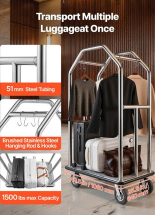 Hotel Luggage Cart, 1500 lbs Heavy Duty Bellman Cart with Stainless Steel Frame, 8 in Rubber Wheels, Gray Carpeted Deck, Commercial Luggage Carrier Rolling Trolley for Hotels,Resorts,Silver