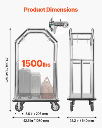 Hotel Luggage Cart, 1500 lbs Heavy Duty Bellman Cart with Stainless Steel Frame, 8 in Rubber Wheels, Gray Carpeted Deck, Commercial Luggage Carrier Rolling Trolley for Hotels,Resorts,Silver