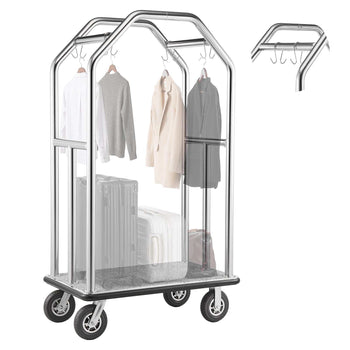 Hotel Luggage Cart, 1500 lbs Heavy Duty Bellman Cart with Stainless Steel Frame, 8 in Rubber Wheels, Gray Carpeted Deck, Commercial Luggage Carrier Rolling Trolley for Hotels,Resorts,Silver