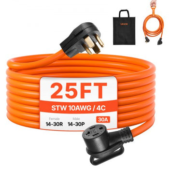 25 ft Dryer Extension Cord, 4-Prong NEMA 14-30P to 14-30R Dryer Cord, 125V/250V, STW 10AWG/4C, 30A, Pure Copper Wire Cable with Black Non-woven Bag and PVC Cable Tie, for Outdoor & Indoor Use