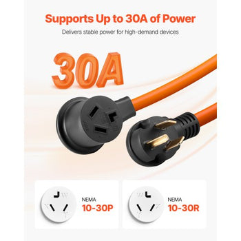 50 ft Dryer Extension Cord, 3-Prong NEMA 10-30P to 10-30R Dryer Cord, 125V/250V STW 10AWG/3C, 30A, Pure Copper Wire Cable with Black Non-woven Bag and PVC Cable Tie, Ideal for Indoor & Outdoor