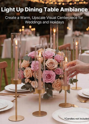 Hurricane Candle Holders Set of 18, Gold Metal Stand with Clear Glass Cylinders, Elegant Tiered Centerpieces Wind Protection for Wedding, Table Centerpieces, Party, Home Decor, Modern Style