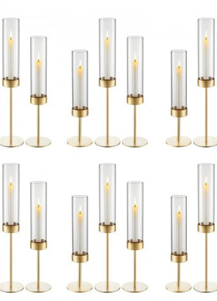 Hurricane Candle Holders Set of 18, Gold Metal Stand with Clear Glass Cylinders, Elegant Tiered Centerpieces Wind Protection for Wedding, Table Centerpieces, Party, Home Decor, Modern Style