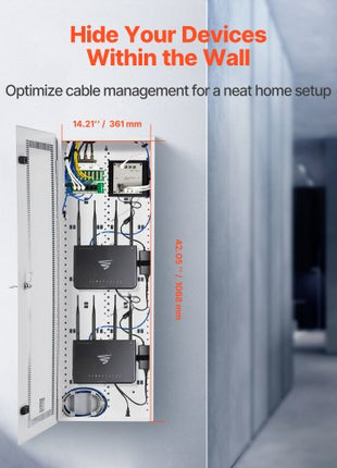 Media Enclosure, 42-Inch, Structured Media Center with Vented Hinged Door, Cable Management Box, Structured Wiring Multi-Media Cabinet, Recessed Electrical Media Box, for Network Distribution