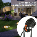 LED garden spotlight with a black finish, 270° swivel head, and 45° angle for precise outdoor illumination.