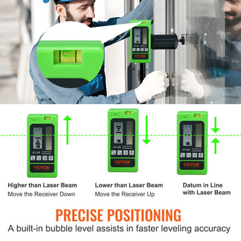 Green digital laser level tool with built-in bubble, featuring clear display for precise positioning and leveling tasks.
