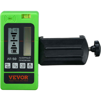Green VEVOR laser level receiver with LCD display and adjustable clamp for precise measurements in construction projects.