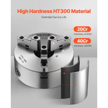 3-Jaw Lathe Chuck, 8 Inch (200 mm), Self-Centering Chuck with 2 1/4 in-8 Threaded Backing Plate, 0.16-7.87 in (4-200 mm) Clamping Range with T-wrench Screws, HT300 Material, for Wood Metal Lathe