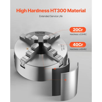 4-Jaw Lathe Chuck, 8 Inch (200 mm), Self-Centering Chuck with 1 1/2 in-8 Threaded Backing Plate, 0.16-7.87 in (4-200 mm) Clamping Range with T-wrench Screws, HT300 Material, for Wood Metal Lathe