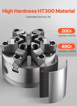 6-Jaw Lathe Chuck, 6 Inch (160 mm), Self-Centering Chuck with D1-4 Cam Lock Backing Plate, 0.12-5.71 in (3-145 mm) Clamping Range with T-wrench Screws, HT300 Material, for Wood Metal Lathe