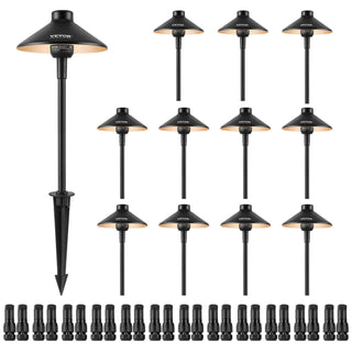 Black outdoor landscape lights set, featuring 12 durable metal lamps with warm white LED bulbs and adjustable stakes.