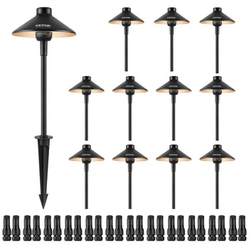 Black outdoor landscape lights set, featuring 12 durable metal lamps with warm white LED bulbs and adjustable stakes.