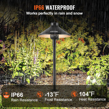 IP66 waterproof outdoor lamp with black metal shade, designed for rain and snow, withstands temperatures from -13°F to 104°F.