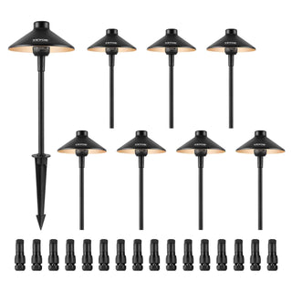 Black metal landscape lights set with adjustable stakes and warm white bulbs, ideal for outdoor garden illumination.