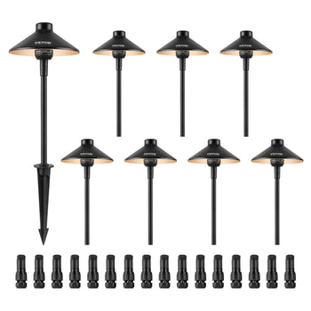Black metal landscape lights set with adjustable stakes and warm white bulbs, ideal for outdoor garden illumination.