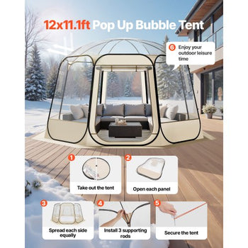 Pop up Bubble Tent, 12 x 11.1 ft Waterproof & UV-Resistant, Clear Camping Tent Shelter, Outdoor Garden Dome Igloo Tents with Windows, 540° Panoramic View, for 10-12 Persons Patio Backyard