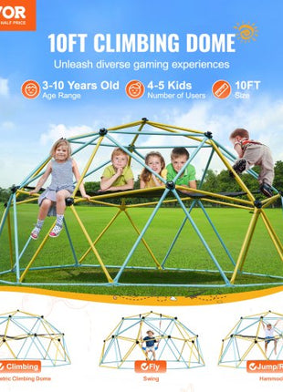 Climbing Dome, for Kids 3 to 10 Years Old,10FT Geometric Dome Climber with Hammock and Swing,  Jungle Gym Supports 750LBS and Easy Assembly, with Climbing Grip, Outdoor Backyard Play Equipment
