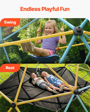 Climbing Dome, for Kids 3 to 10 Years Old,10FT Geometric Dome Climber with Hammock and Swing,  Jungle Gym Supports 750LBS and Easy Assembly, with Climbing Grip, Outdoor Backyard Play Equipment